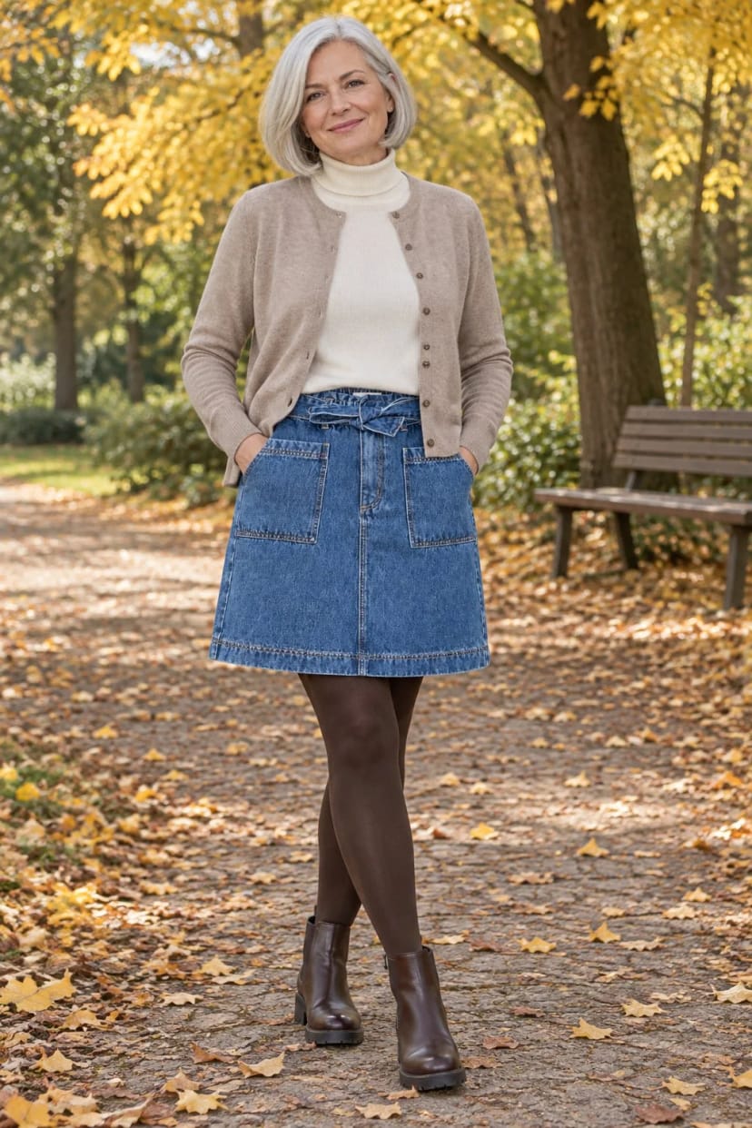 Frau trägt Jeansrock mit beiger Strickjacke und Chelseaboots – Samstagvormittag im Park