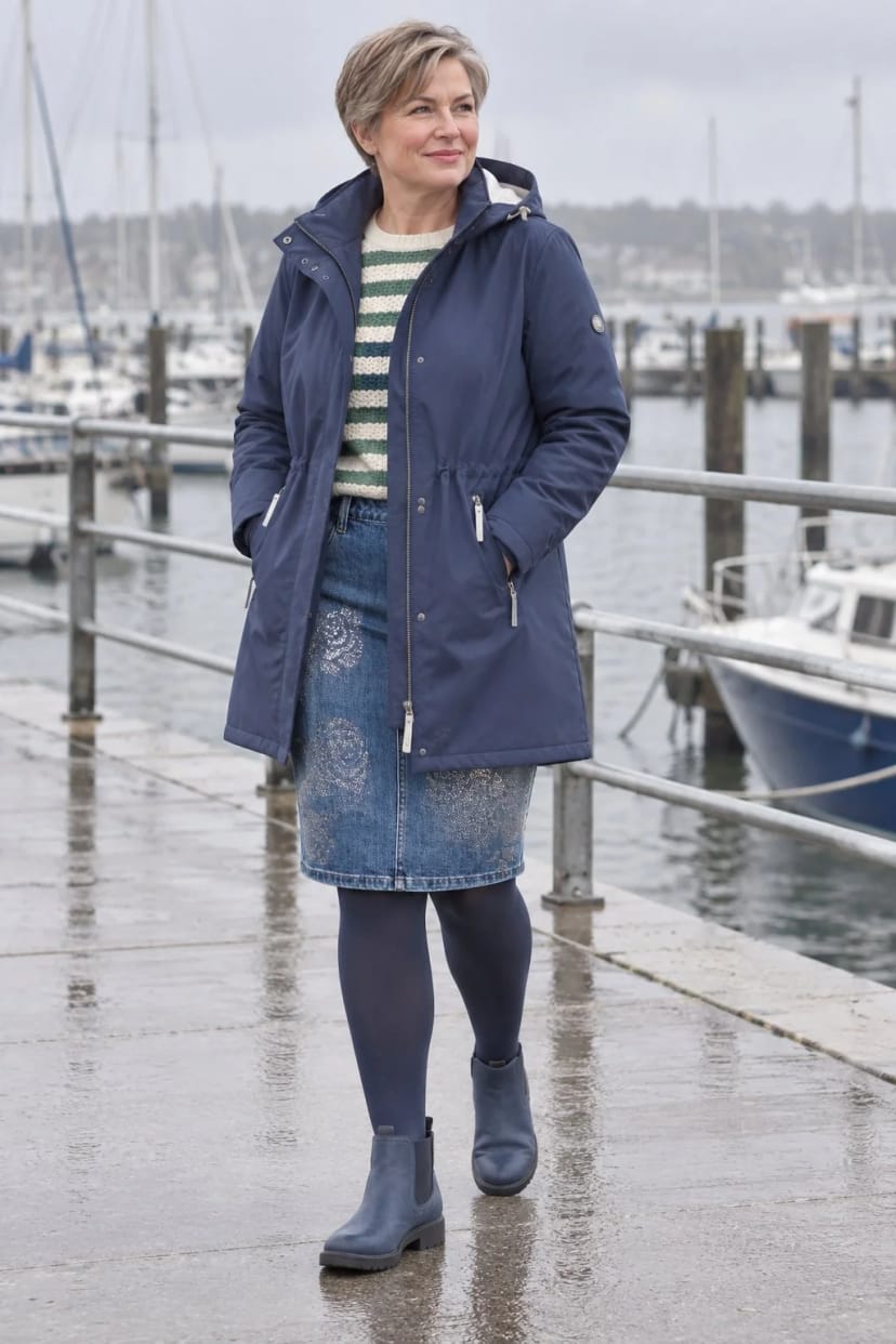 Frau trägt Jeansrock mit navyblauem Funktions-Kurzmantel – Regentag am Hafen