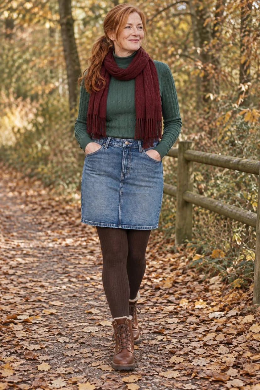 Frau trägt Jeansrock mit tannengrünem Rollkragenpullover – Spaziergang am Sonntag