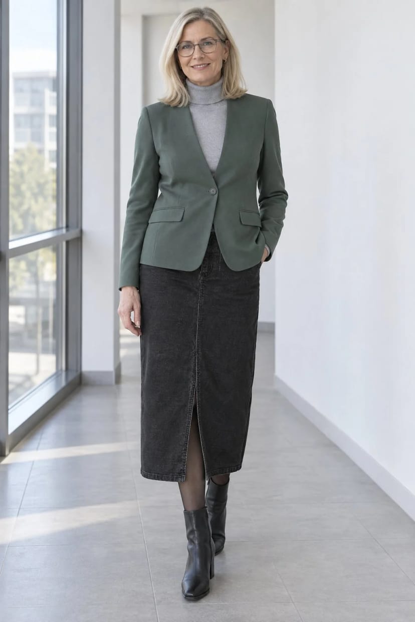Frau trägt Midirock mit grauem Kelchkragen-Blazer – Termin im Büro
