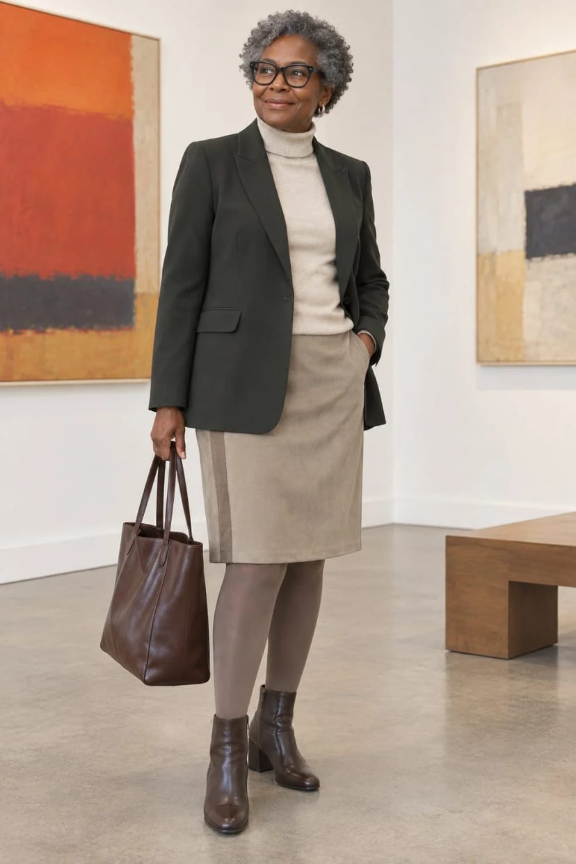 Frau trägt Rock in Wildleder-Optik mit meliertem Blusenblazer – Vernissage am frühen Abend