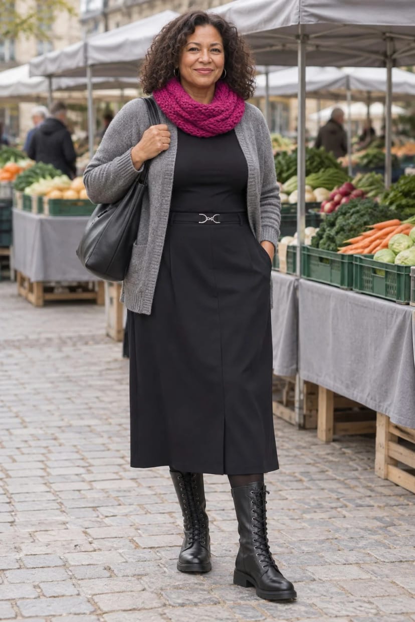 Frau trägt Schnürstiefel zum schwarzen Midirock – Wochenmarkt am Vormittag