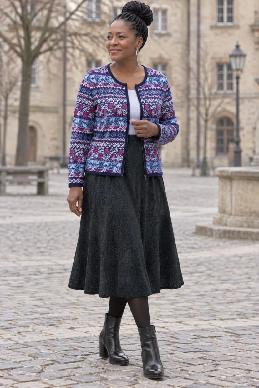Frau trägt A-Linie mit Jacquard-Strickjacke – Stadtbummel am Samstag