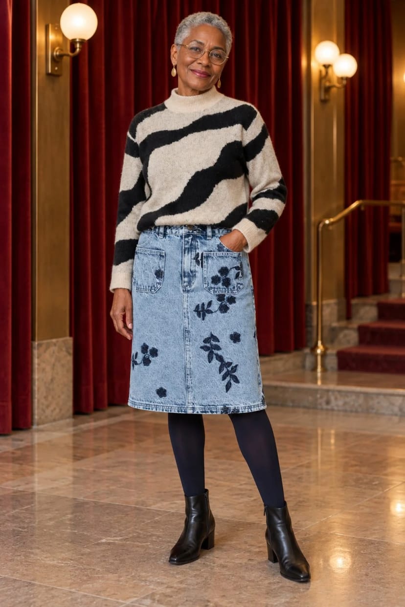 Frau trägt Bestickter Jeansrock mit Rollkragen in Creme – Vorstellung im Theater