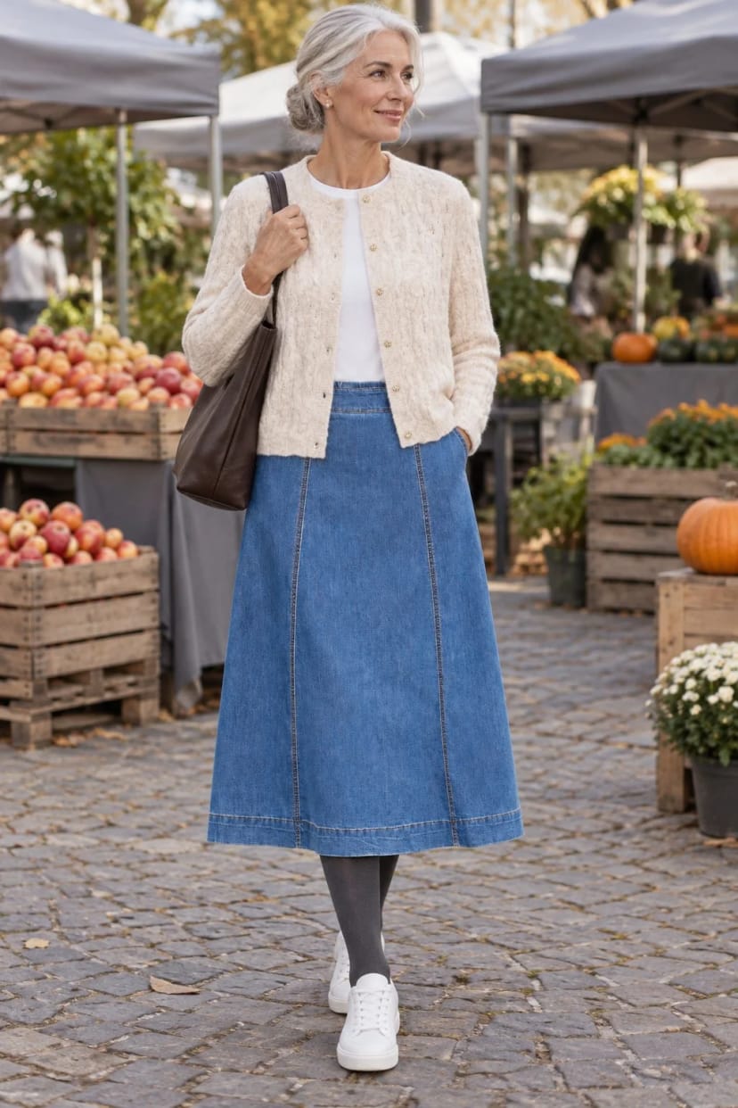 Frau trägt Denim-Midi mit flachen Schnürstiefeln – Einkauf auf dem Wochenmarkt