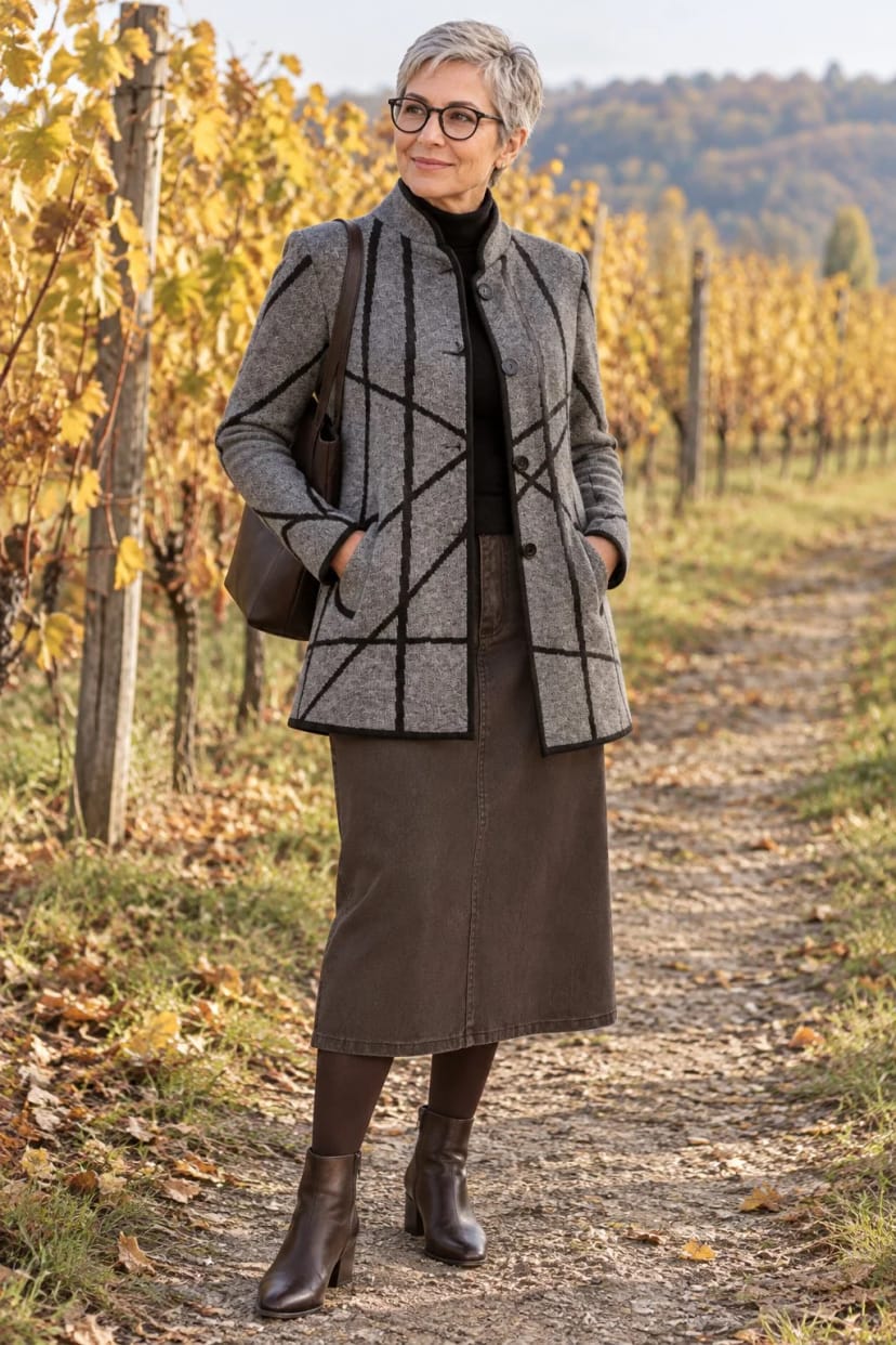 Frau trägt Java-Jeansrock mit langem Strickmantel – Spaziergang durch die Weinberge