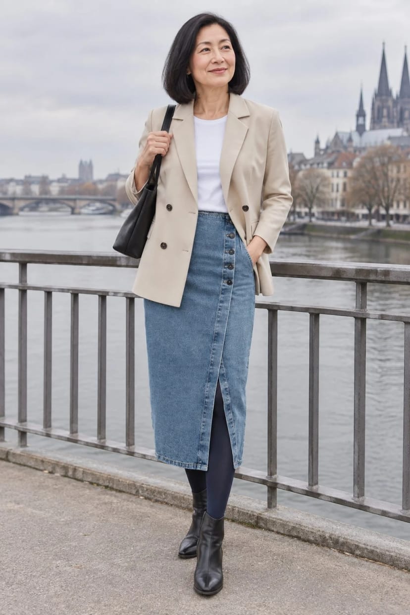 Frau trägt Jeansrock mit zweireihigem Blazer – Wochenendausflug in die Stadt