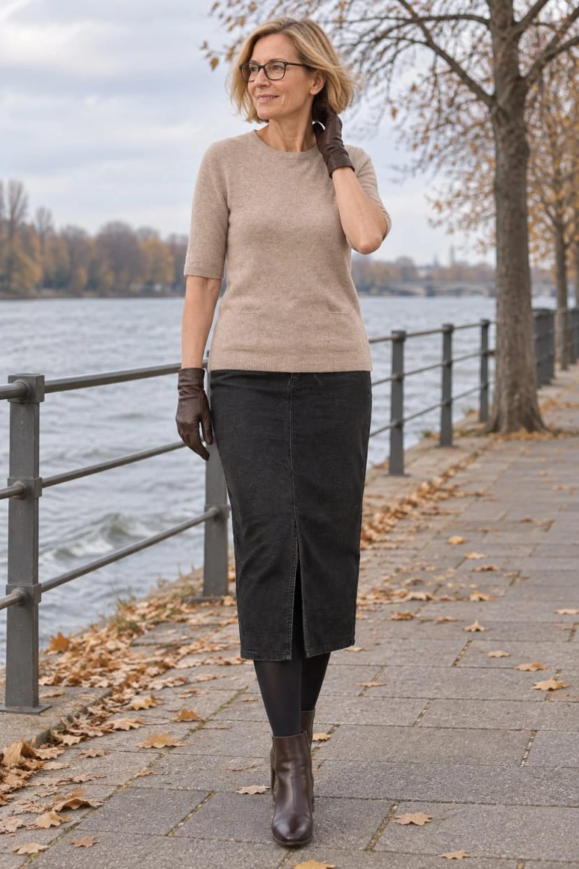 Frau trägt Midirock mit Kaschmir-Longpullover – Spaziergang am Fluss