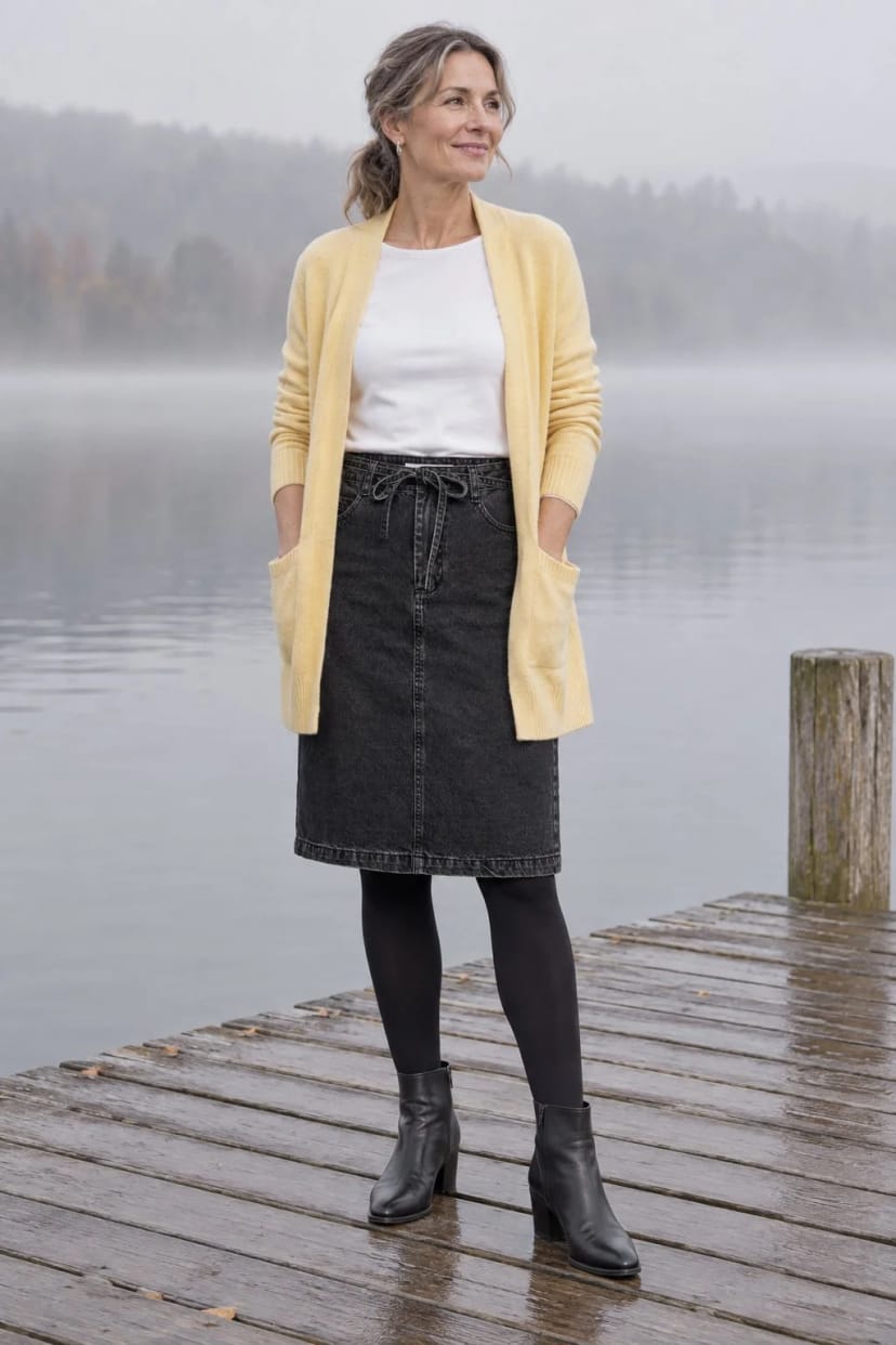 Frau trägt Schwarzer Denim mit gelbem Grobstrick – Spaziergang am See