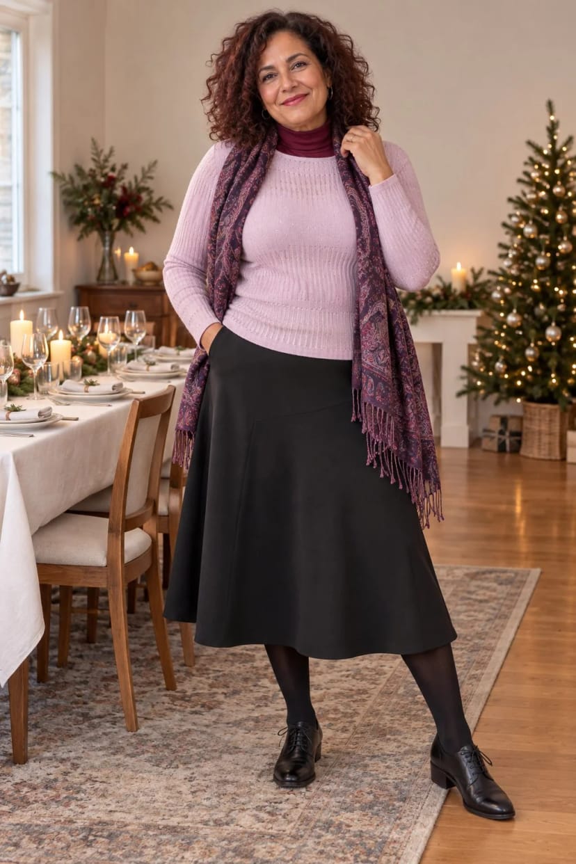 Frau trägt Muster-Mix über Rollkragen in Beere – Weihnachtsessen mit Kindern und Enkeln