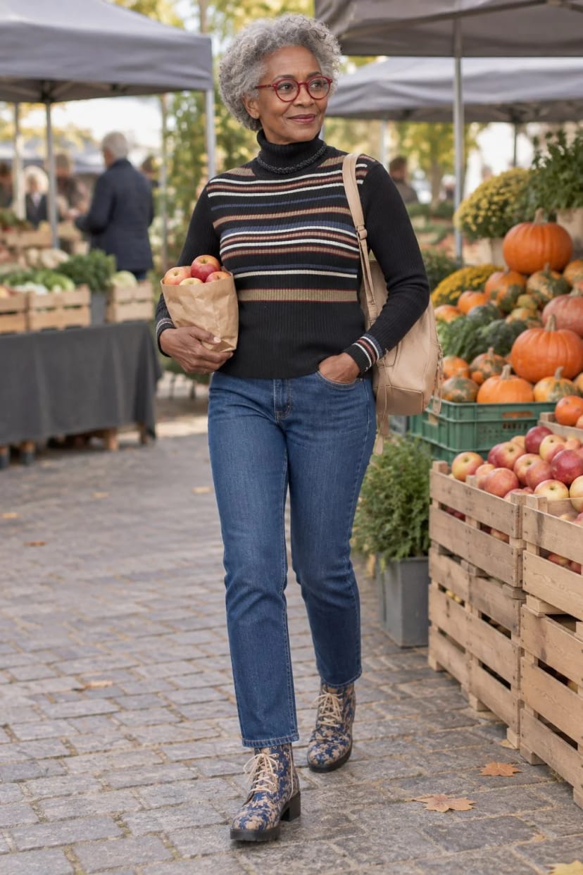 Frau trägt Ringel-Rollkragen zur dunklen Jeans – Samstag auf dem Wochenmarkt