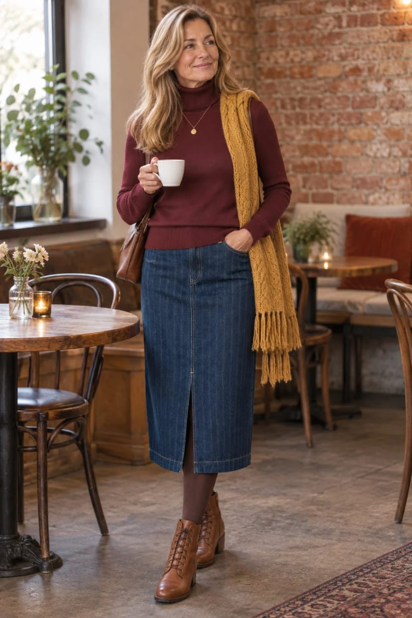 Frau trägt Schokobraun mit Jeans-Midirock – Café mit Freundinnen