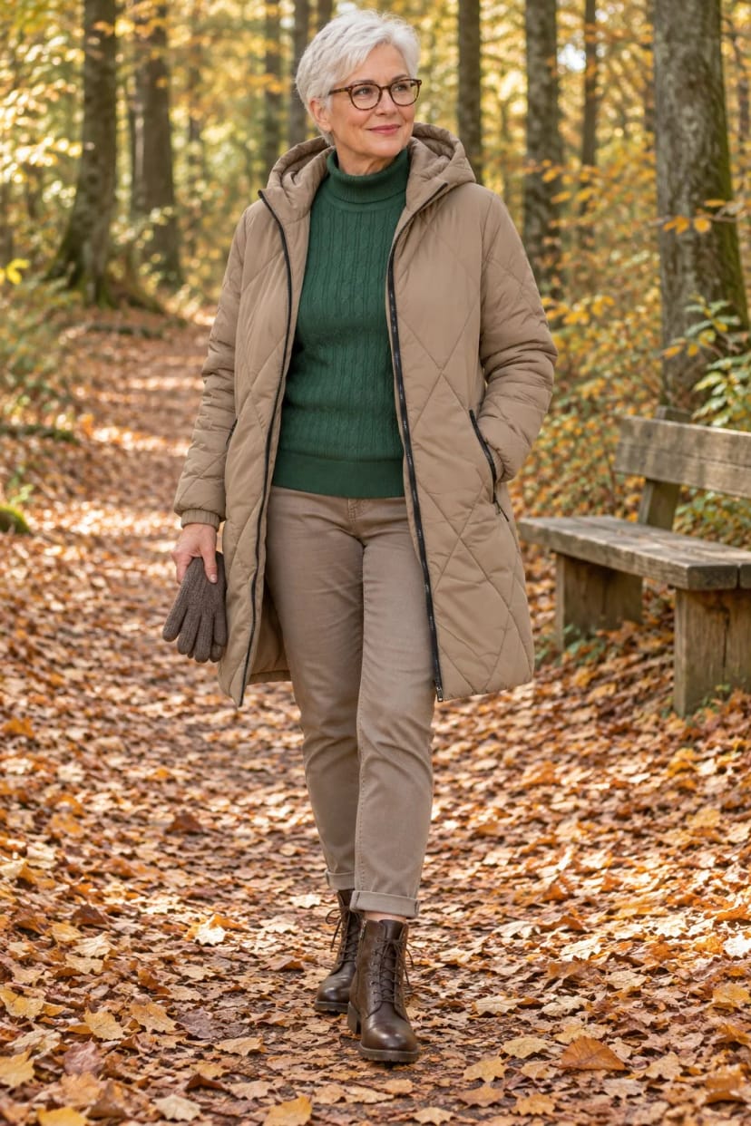 Frau trägt Tannengrün unter Walnussbraun – Herbstspaziergang im Wald