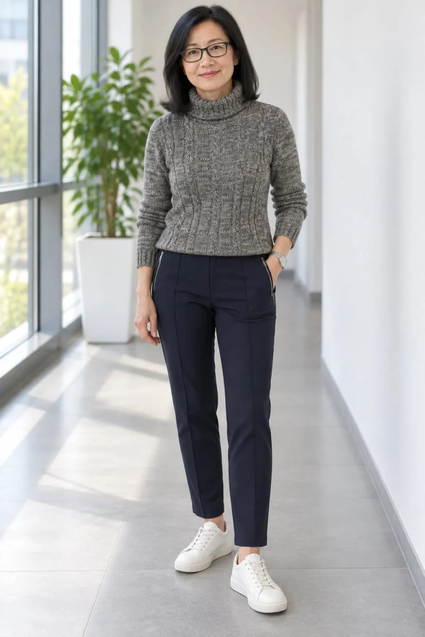 Frau trägt Dunkelgrauer Rolli zur schmalen Navy-Hose – Bürotag ohne Dresscode
