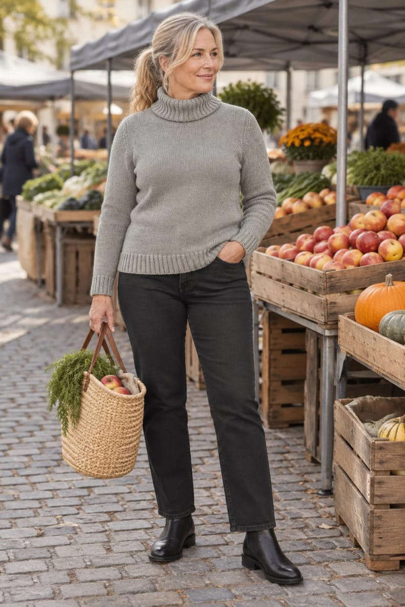 Frau trägt Grauer Grobstrick zur schwarzen geraden Jeans – Samstag auf dem Wochenmarkt