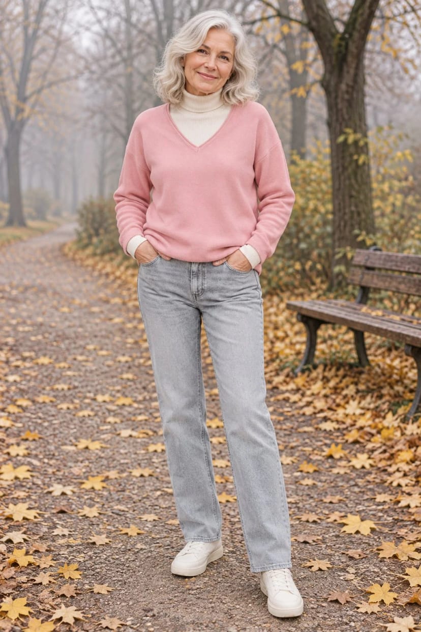 Frau trägt Oversize-Kaschmir über dem Rolli, dazu helle Jeans – Sonntagsspaziergang im Park