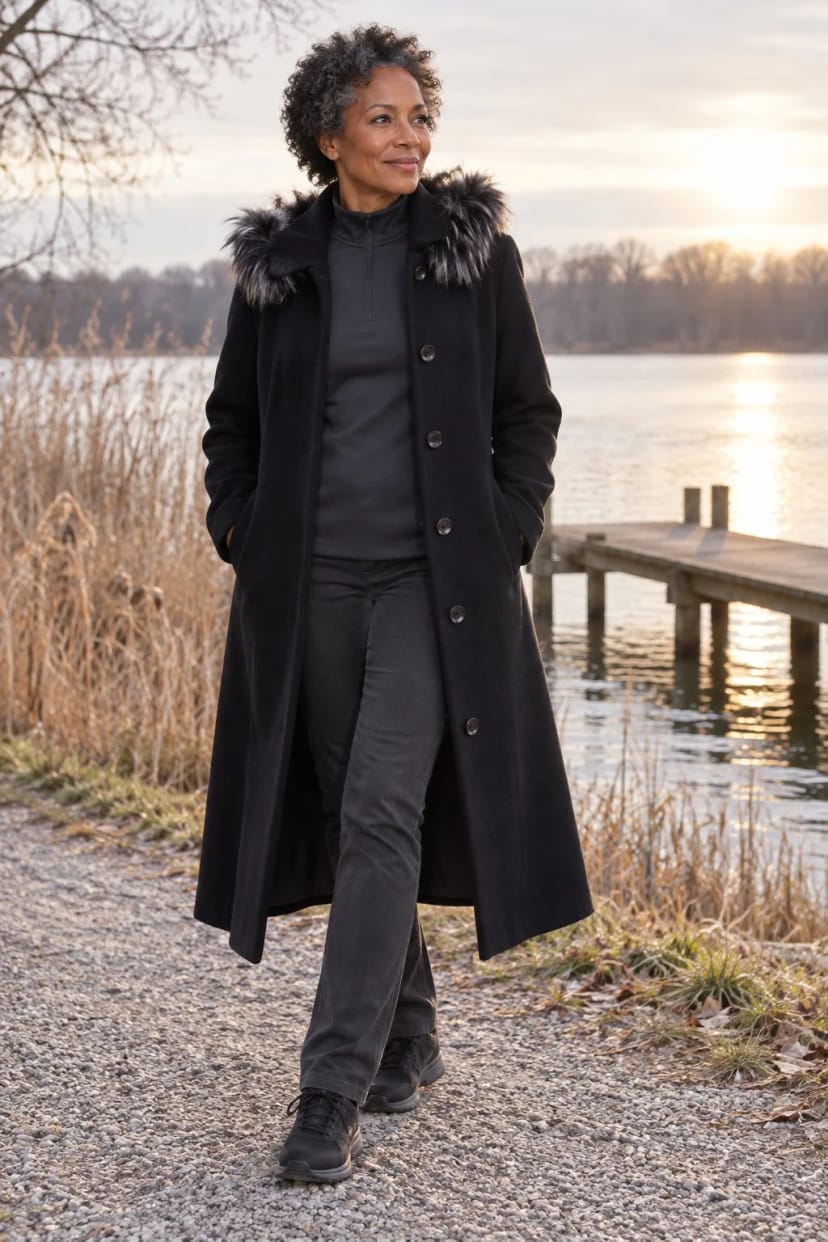 Frau trägt Sportlicher Zip-Rolli unter langem schwarzem Mantel – Zügige Runde am See