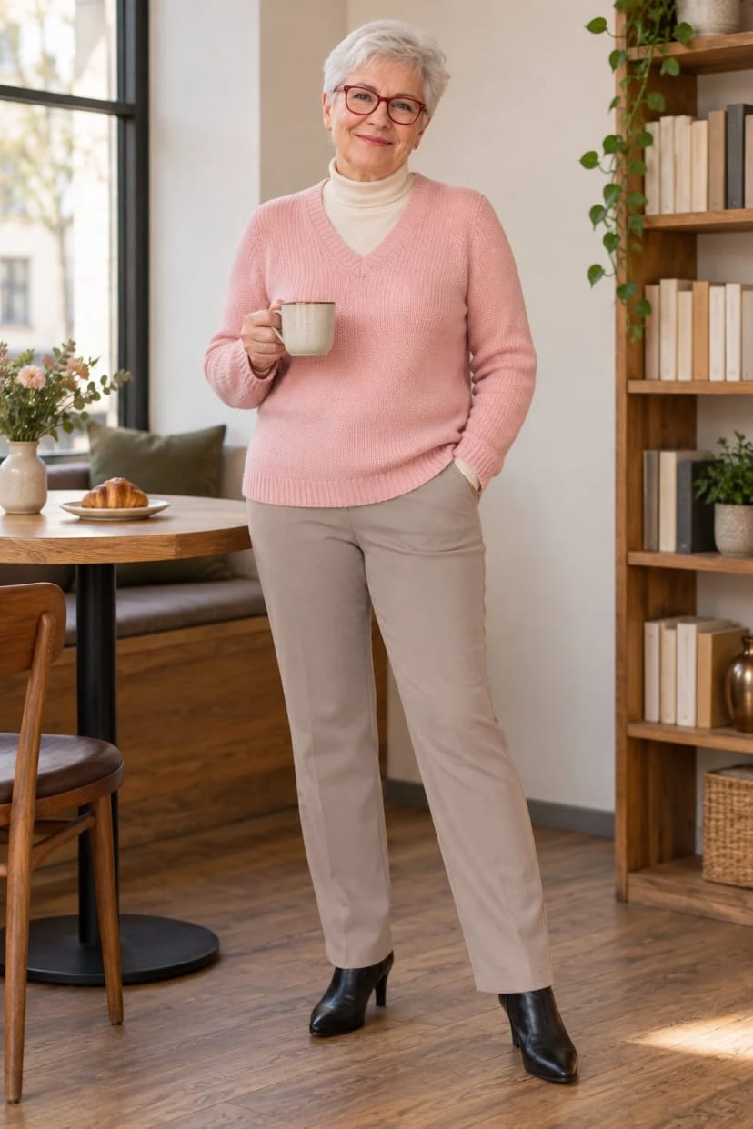 Frau trägt Weicher V-Pullover über Rolli zur taupefarbenen Hose – Lesenachmittag im Café
