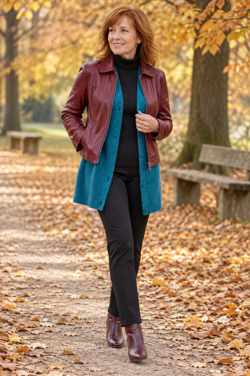 Frau trägt Long-Strickjacke unter kurzem Leder – Herbstspaziergang im Stadtpark