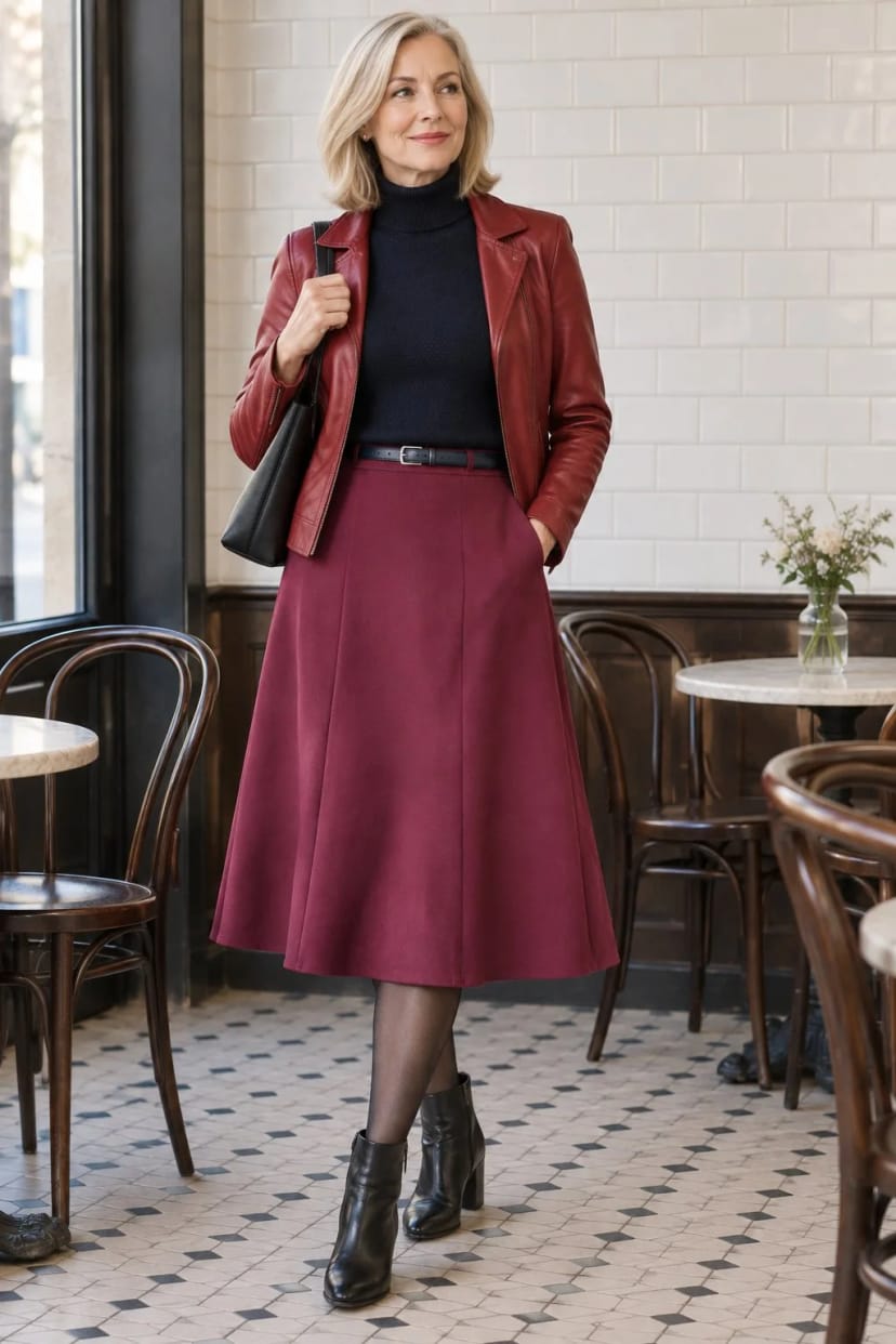 Frau trägt Rubin, Kirsche und Navy – Abendessen im Bistro