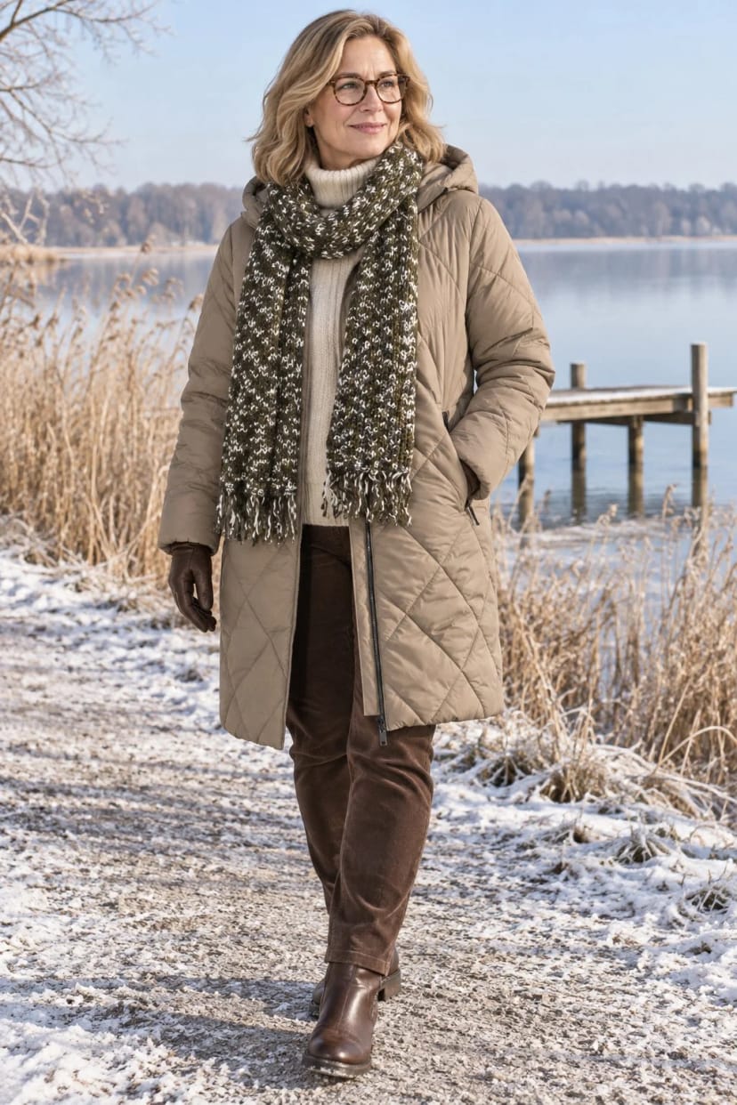 Frau trägt Grobstrickschal in Khaki zum Walnut-Mantel – Sonntagsspaziergang am gefrorenen See