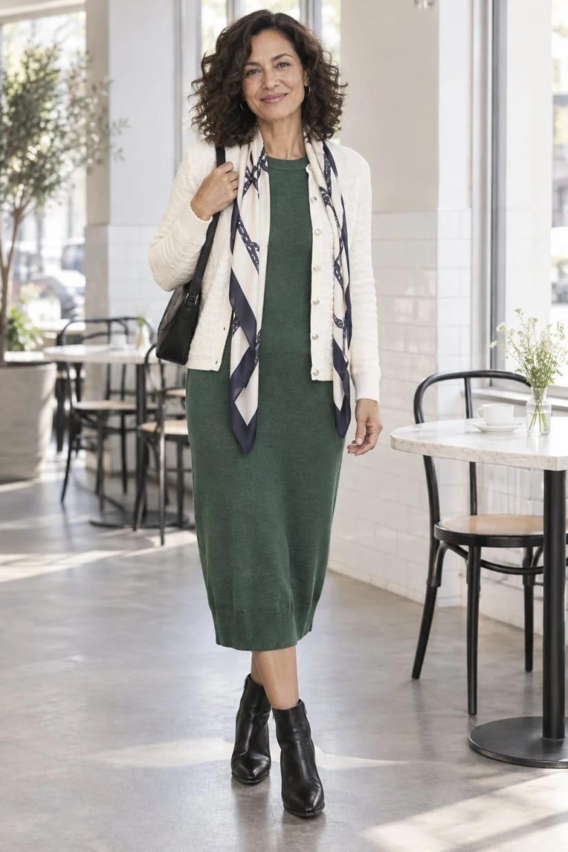 Frau trägt Langes Seidentuch zum Midikleid in June Bug – Café-Nachmittag mit der Schwester