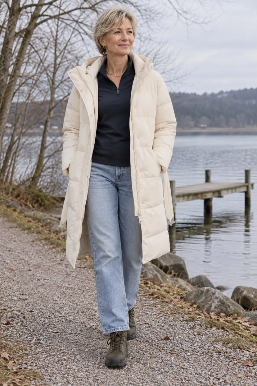 Frau trägt Kurze Kette im offenen Zip-Kragen – Sonntagsspaziergang am See