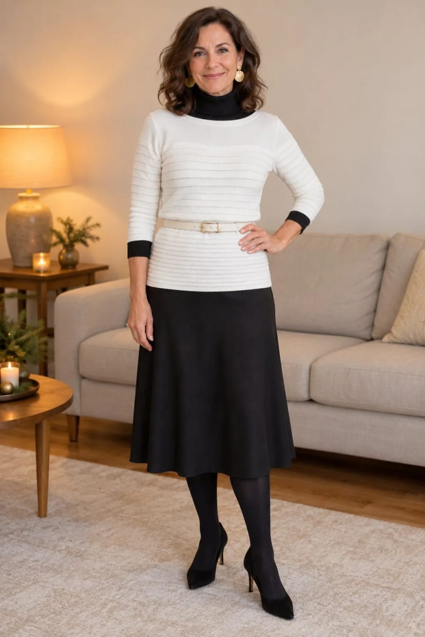 Frau trägt Matte Gold-Ohrringe zu Schwarz und Glanz – Weihnachtsfeier bei Freunden