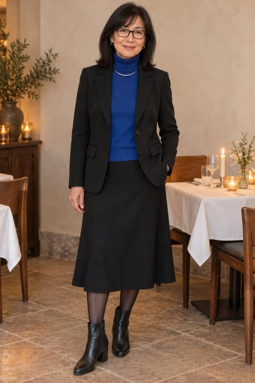 Frau trägt Silberner Halsreif auf Royalblau – Abendessen beim Italiener mit dem Lesekreis