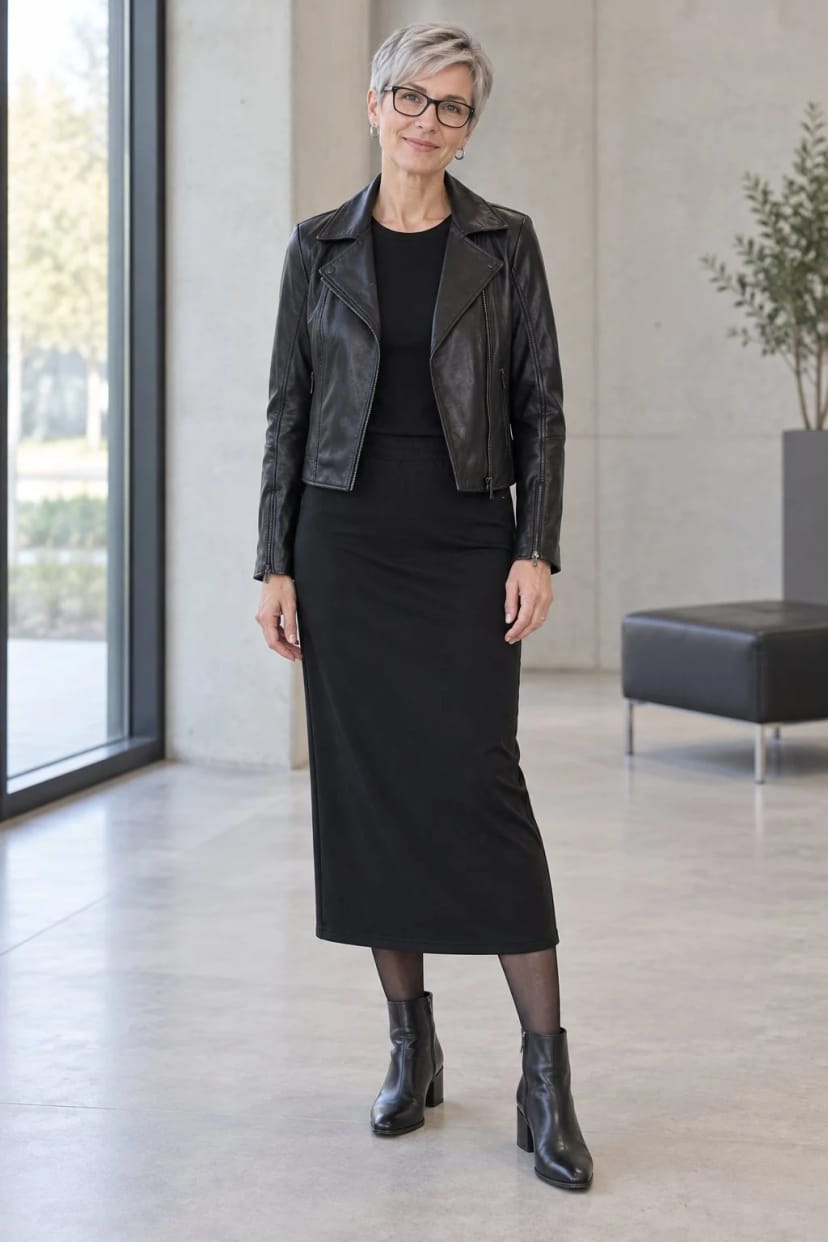 Frau trägt Biker-Jacke zum schwarzen Midirock – Büro
