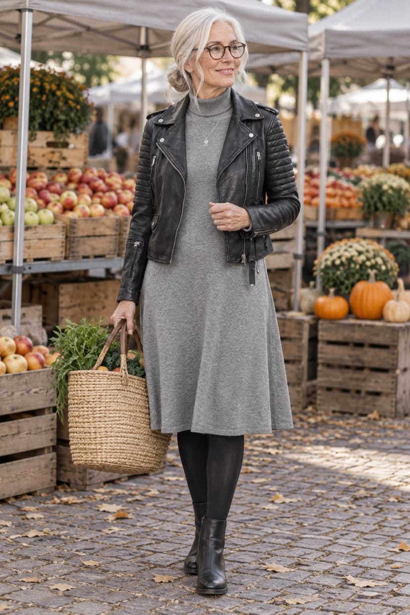 Frau trägt Gewaschenes Leder zum grauen Strickkleid – Wochenendmarkt