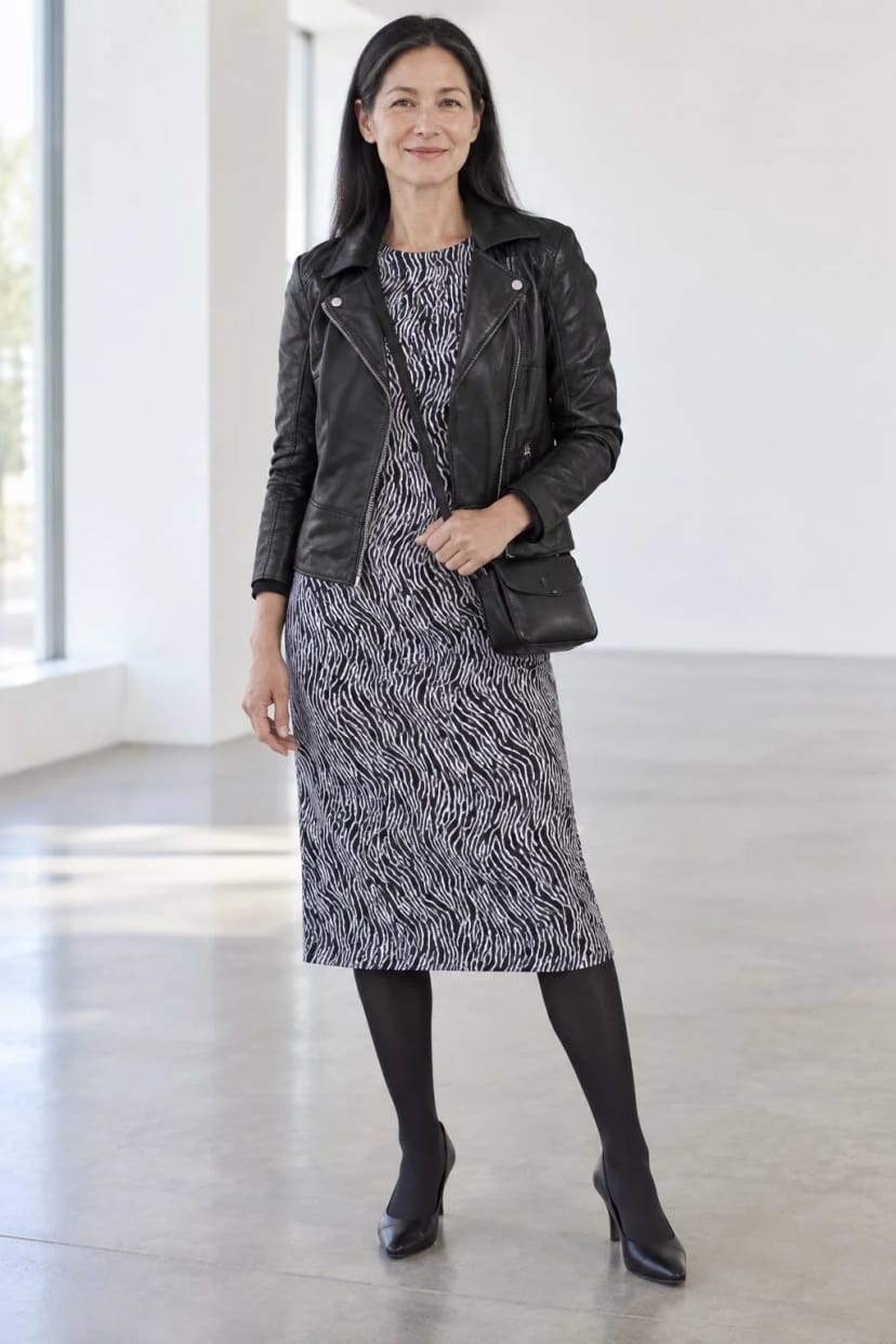 Frau trägt Grau-schwarzes Kleid mit hellem Rolli – Galeriebesuch