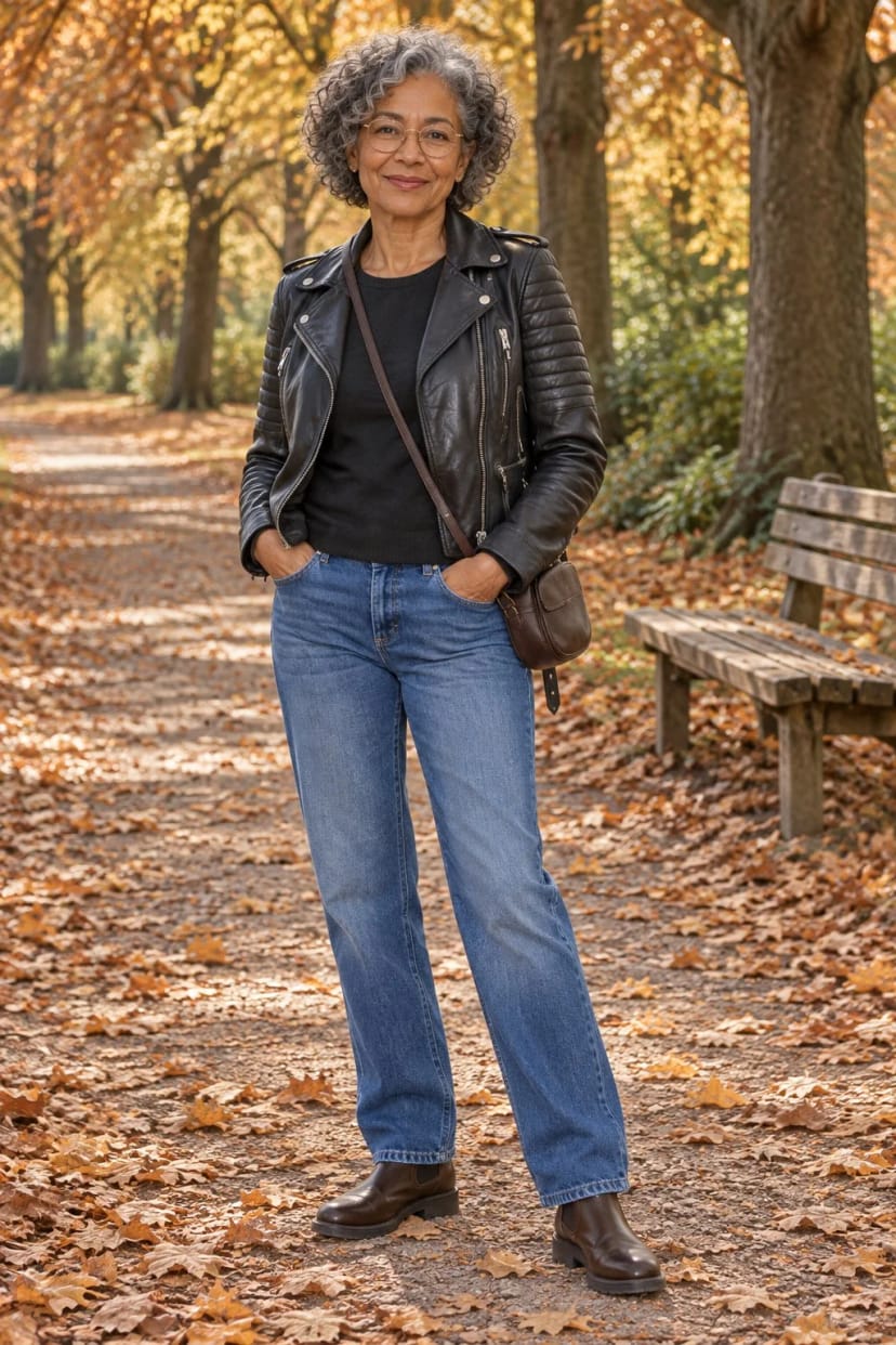 Frau trägt Lederjacke zur geraden Jeans – Sonntagsspaziergang