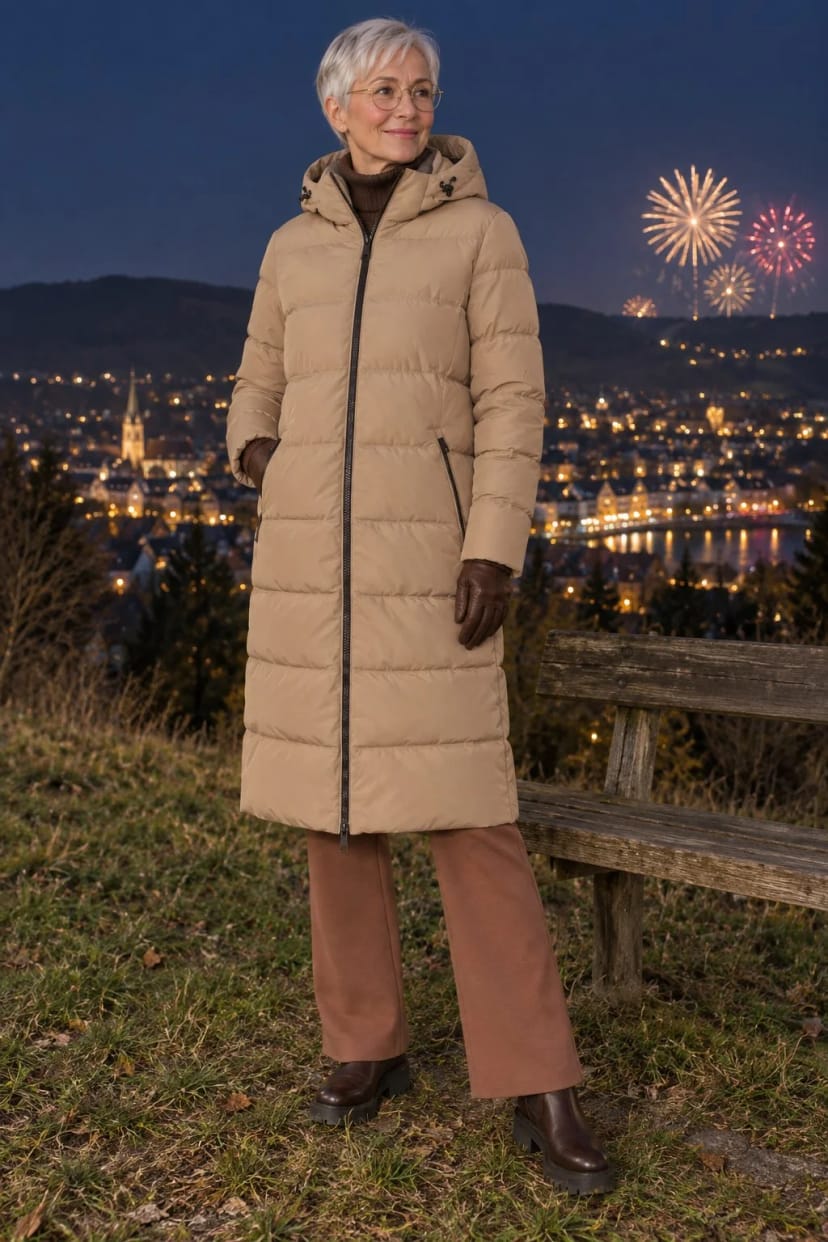 Frau trägt Braun, Cognac und Blau dazwischen – Feuerwerk vom Hügel über der Stadt