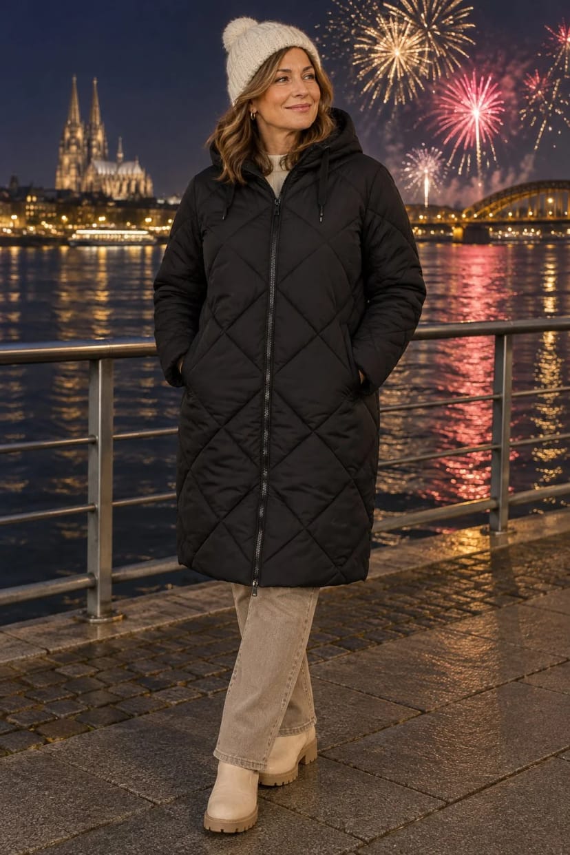 Frau trägt Langer Steppmantel, Strass an der Jeans – Feuerwerk an der Flusspromenade