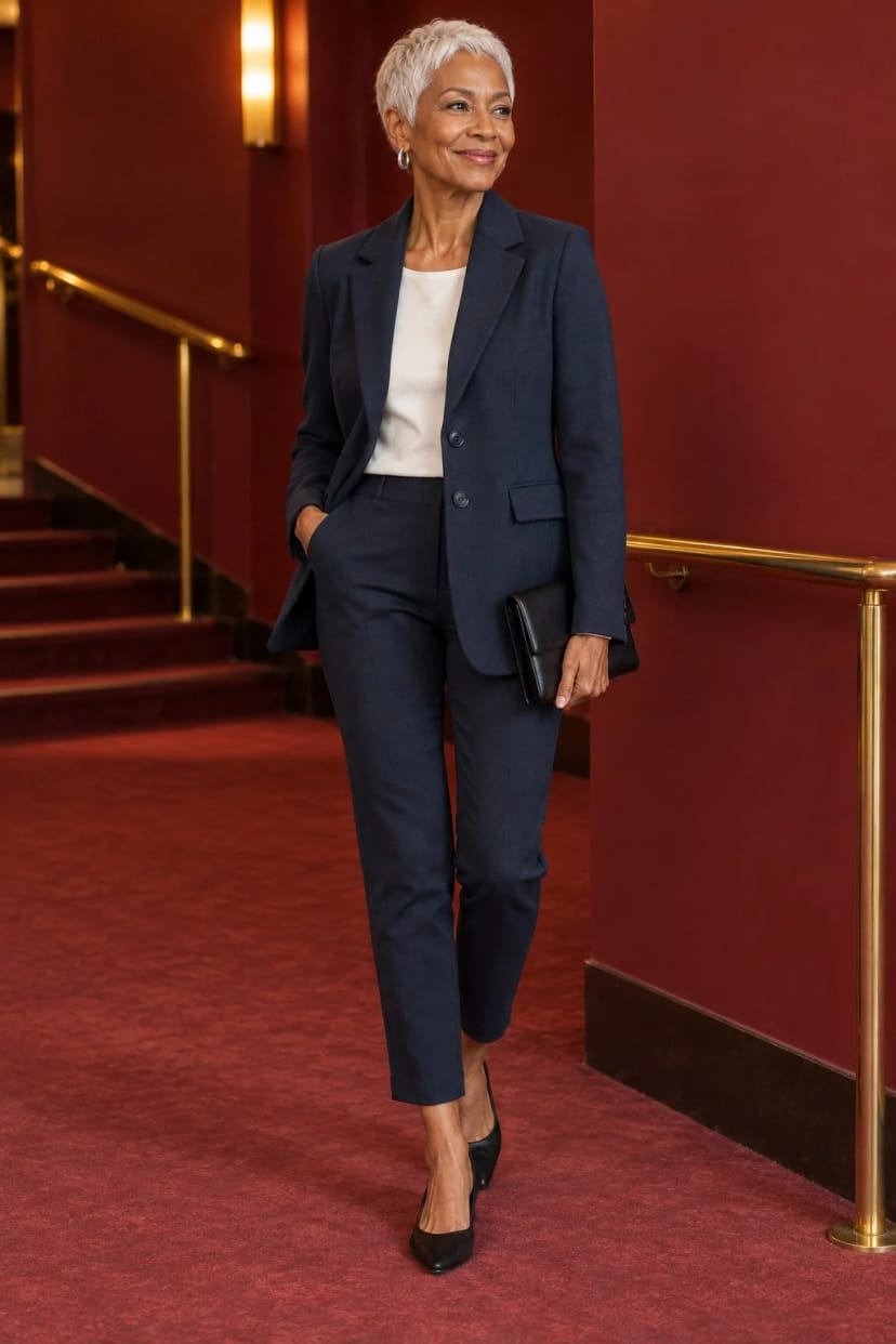Frau trägt Navy-Linie mit Longblazer – Silvestervorstellung im Theater