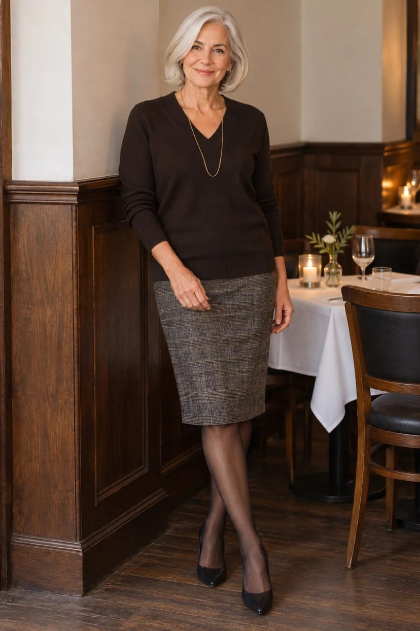 Frau trägt Schwarz mit goldenem Schimmer – Silvesterdinner im Restaurant