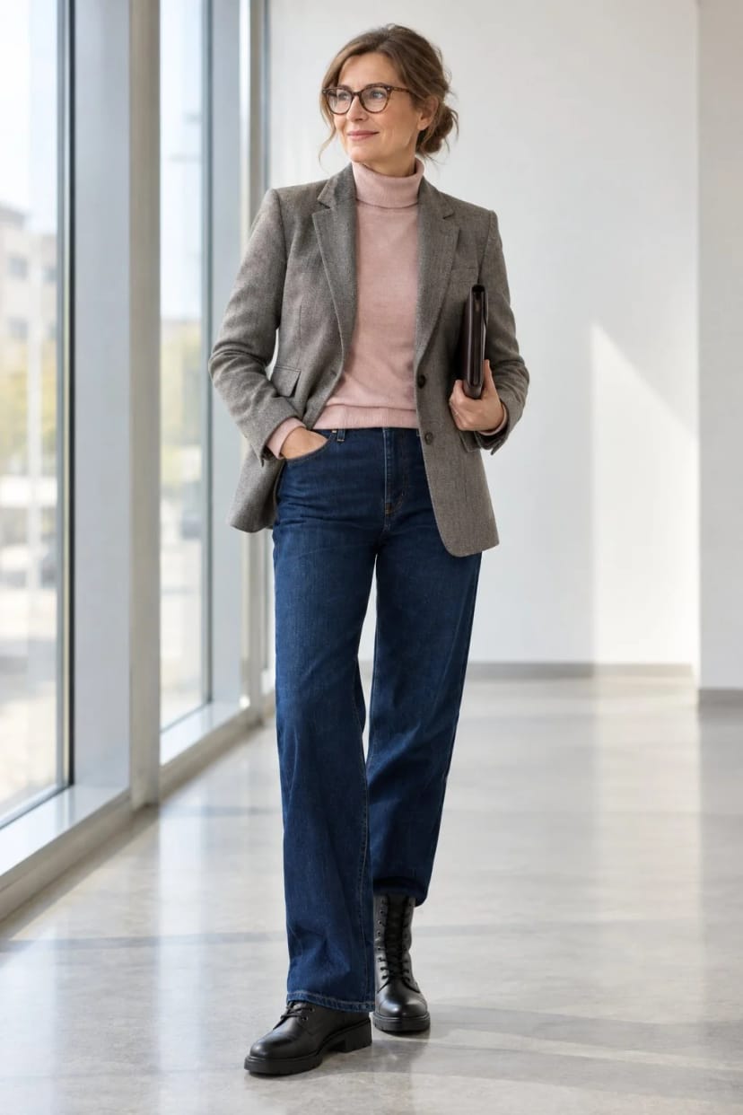 Frau trägt Dunkle Jeans, Wollblazer und Schnürstiefel – Bürotag mit Besprechung