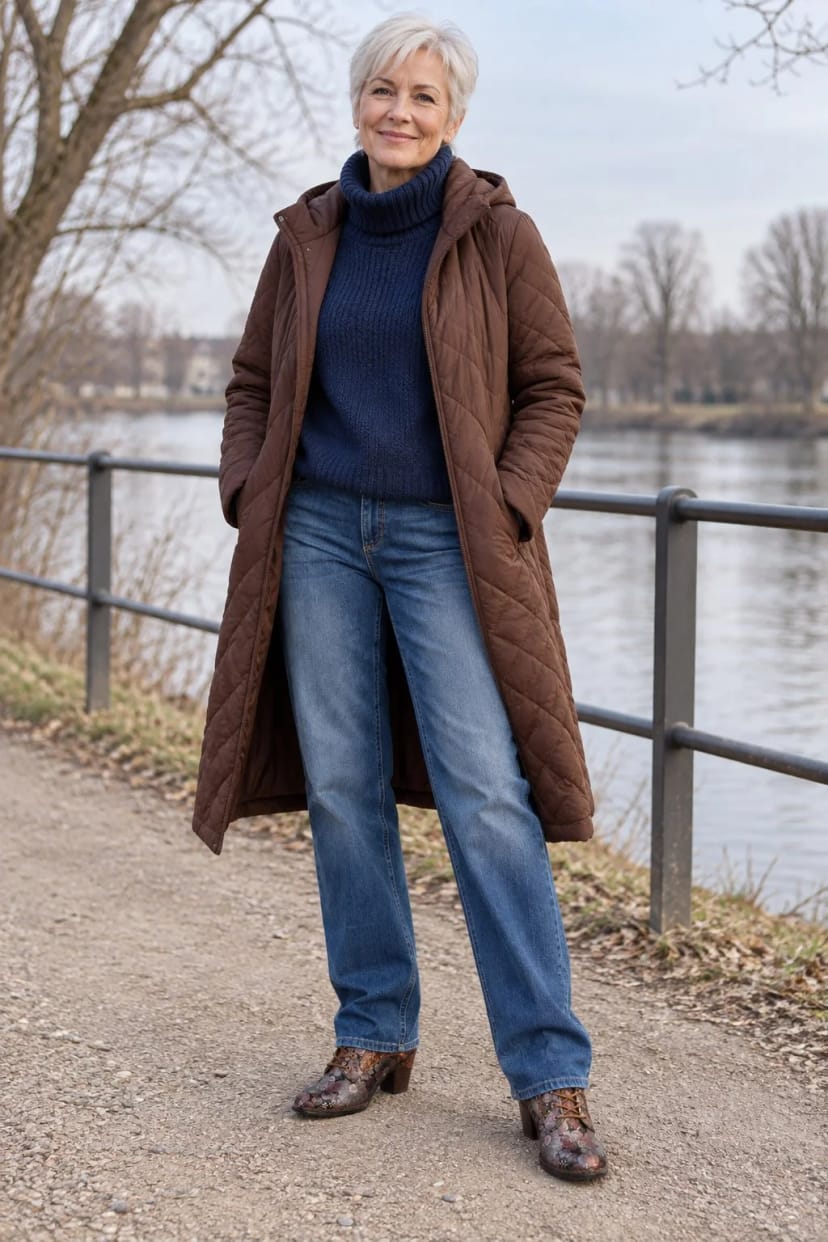 Frau trägt Jeans, Grobstrick und braune Schnürstiefeletten – Herbstspaziergang am Fluss