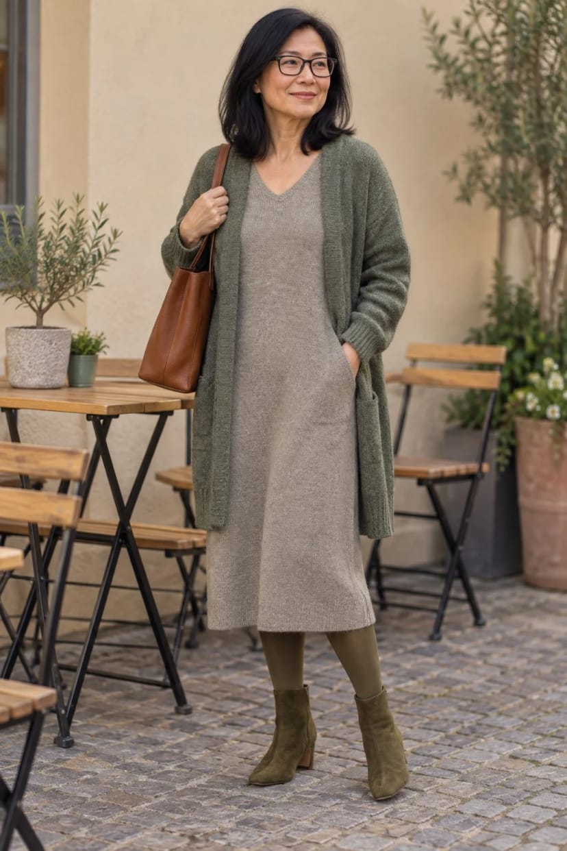 Frau trägt Olivgrünes Midikleid mit Velours-Stiefeletten – Treffen im Café am Vormittag