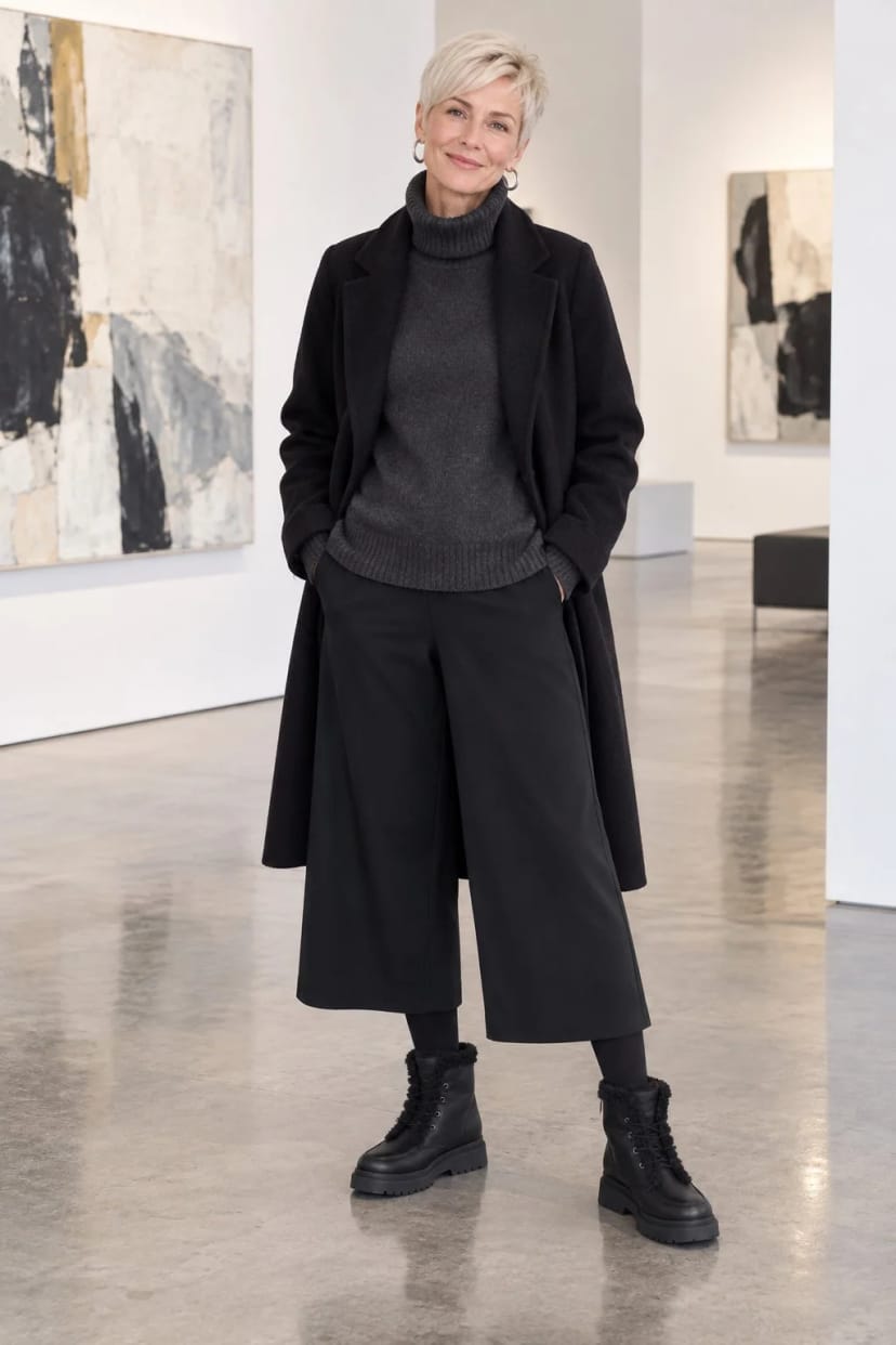 Frau trägt Schwarze Culotte mit schwarzer Stiefelette – Vernissage am frühen Abend