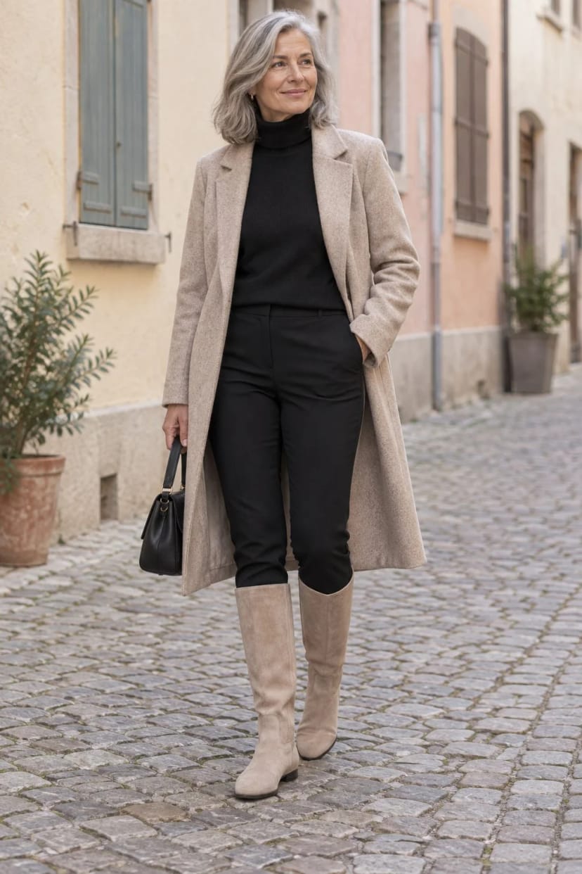Frau trägt Schwarze Röhrenhose in Taupe-Stiefeln – Stadtbummel am Samstag