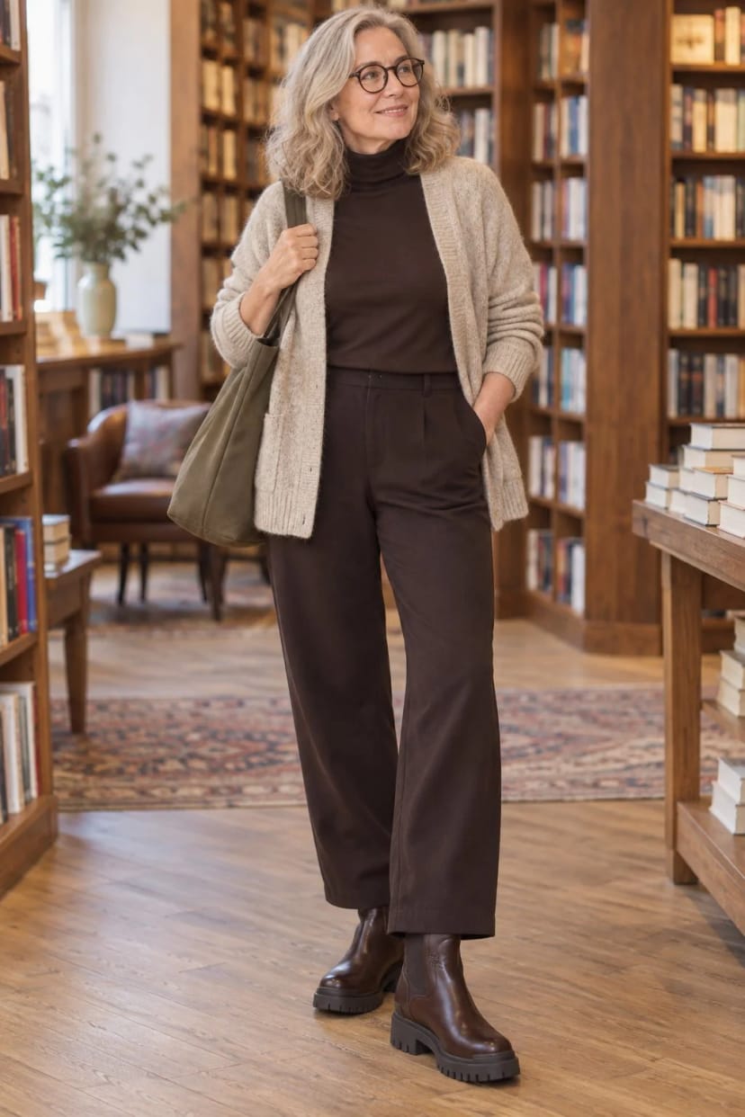 Frau trägt Weite braune Hose über Stiefeln – Besuch in der Buchhandlung