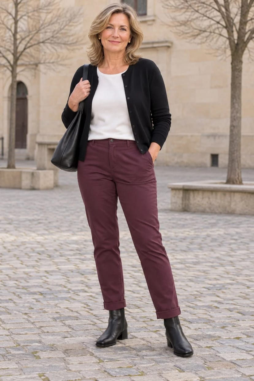 Frau trägt Bordeaux-Chino mit schwarzer Stiefelette – Nachmittagstermin bei der Bank, danach Wocheneinkauf