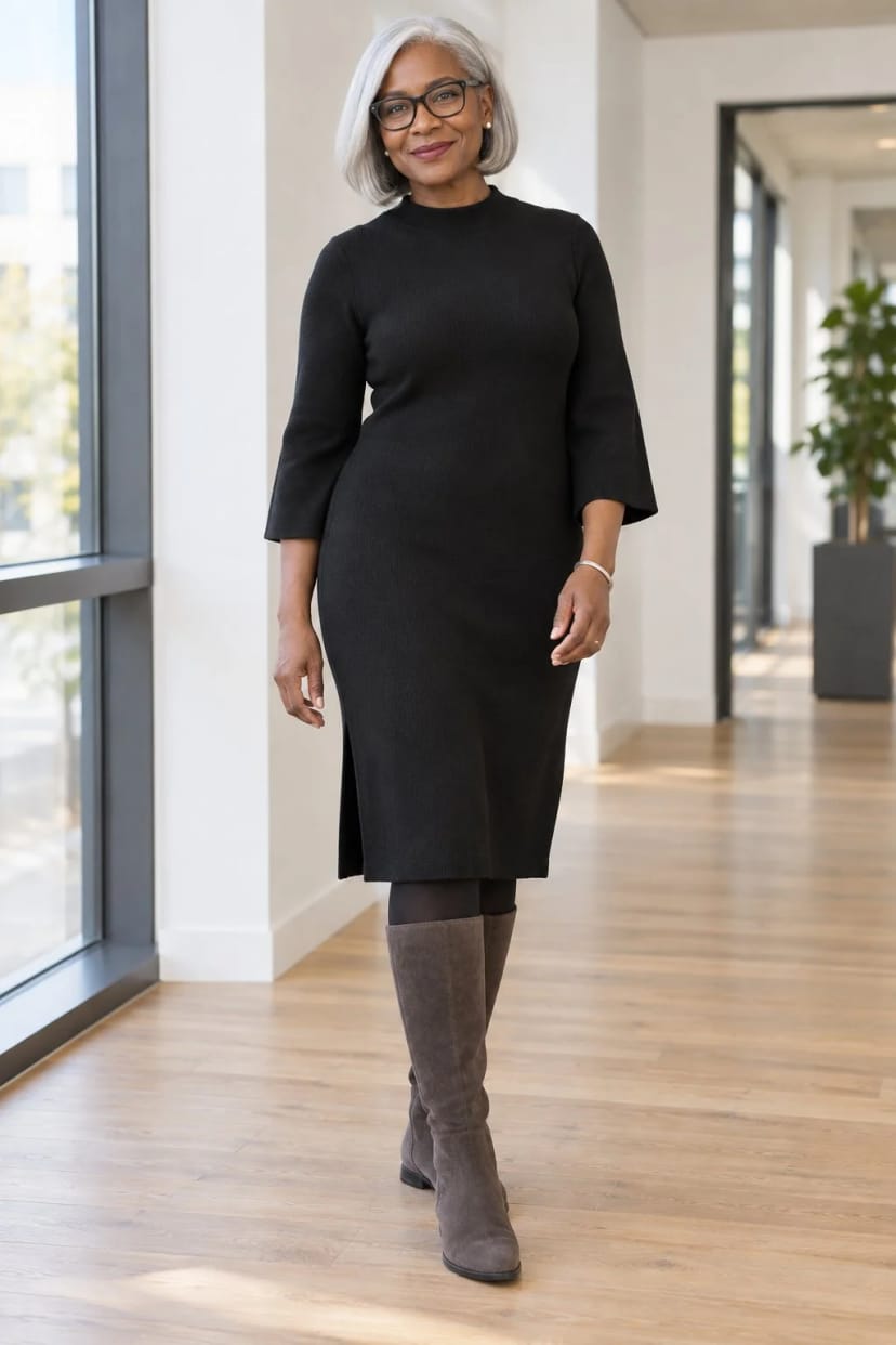 Frau trägt Graues Velours zum schwarzen Strickkleid – Bürotag mit drei Besprechungen