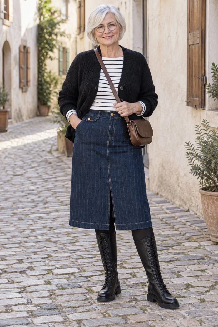 Frau trägt Jeans-Midirock und schwarze Schnürstiefel – Ausflug in die Altstadt mit der Freundin