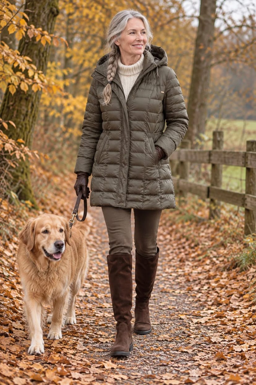 Frau trägt Lodengrüner Daunenmantel und Velours in Dunkelbraun – Sonntagsspaziergang mit dem Hund am Waldrand
