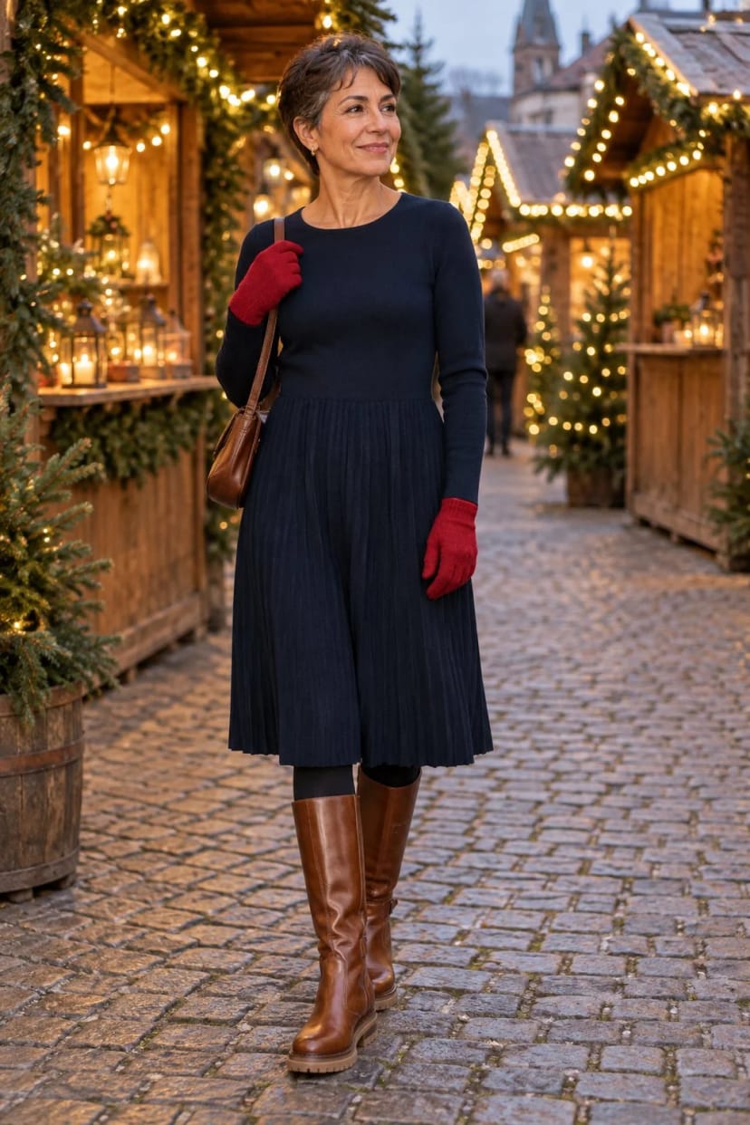 Frau trägt Rotes Midikleid, Cognacstiefel, Mantel im Animal-Dessin – Bummel über den Weihnachtsmarkt am Abend