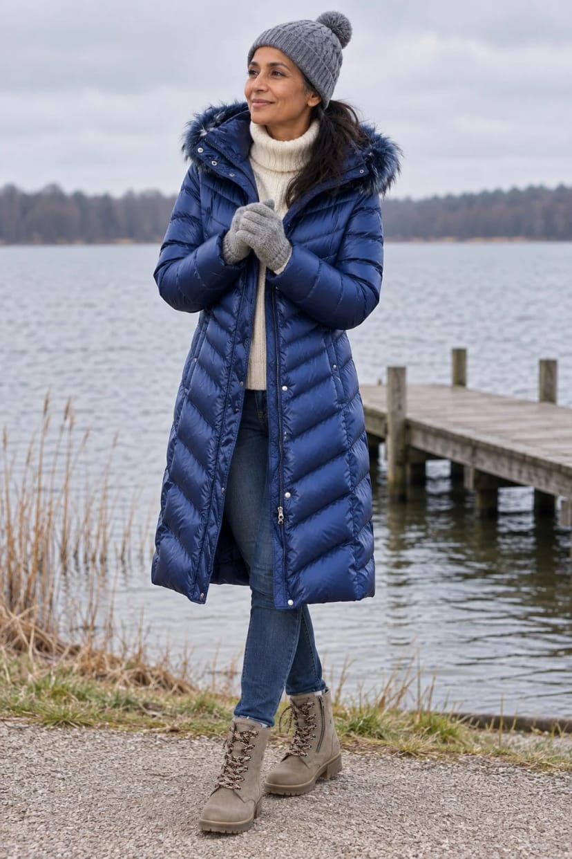 Frau trägt Saphirblauer Daunenmantel und graue Winterboots – Fahrt an den See, Spaziergang bei Wind