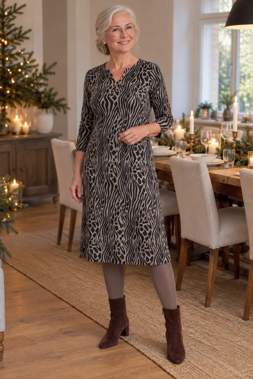 Frau trägt Taupe-Kleid mit Glitzer-Strickjacke – Weihnachtsessen mit der ganzen Familie